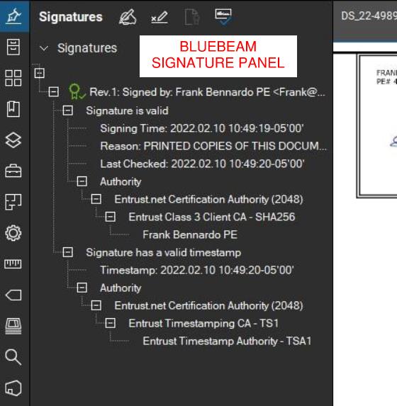 Bluebeam signature panel